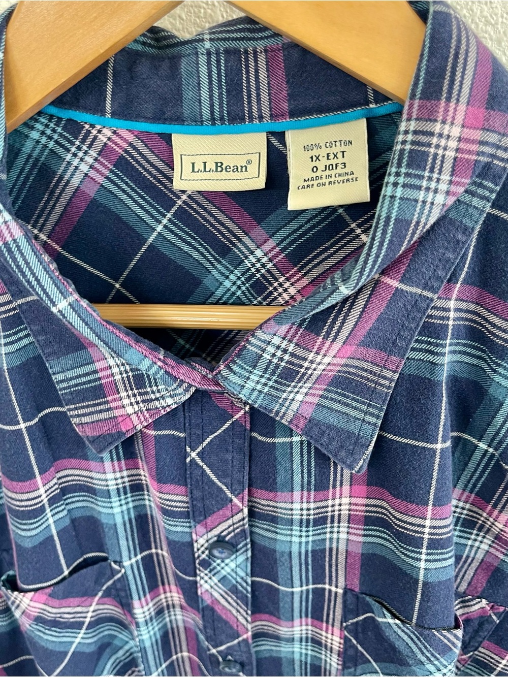 L.L. Bean Navy Plaid Button-Down Shirt with Pink & Light Blue Accents